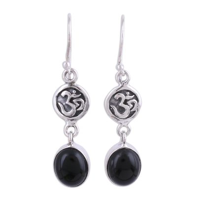 Onyx dangle earrings, 'Healing Om' - Black Onyx Om Symbol Earrings from India