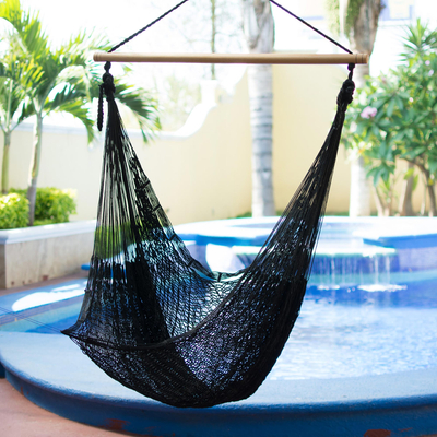 Hammock swing, 'Caribbean Nights' - Black Nylon Hammock Swing Chair Handmade in Mexico