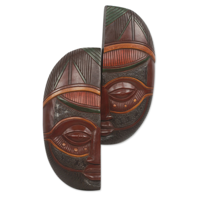 African wood mask, 'Wisdom in Unity' - Handmade Two Piece African Wood Decorative Mask