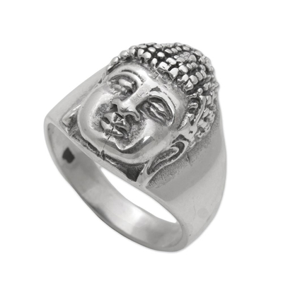 Men's sterling silver ring, 'Buddha's Influence' - Sterling Silver Men's Buddha Band Ring from Bali