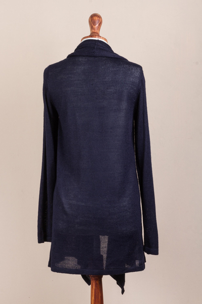 Cardigan sweater, 'Navy Waterfall Dream' - Long Sleeved Navy Blue Cardigan Sweater from Peru