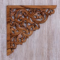 Wood relief panel, 'Forest Corner' - Hand Crafted Suar Wood Vine Motif Relief Panel from Bali