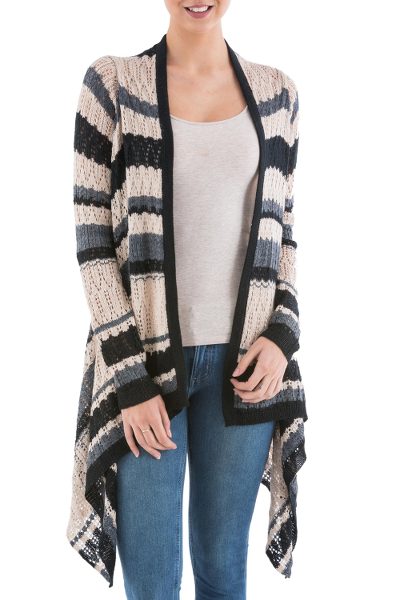 Cardigan sweater, 'Nighttime Mirage' - Striped Beige Cardigan Sweater from Peru