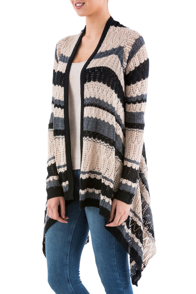 Cardigan sweater, 'Nighttime Mirage' - Striped Beige Cardigan Sweater from Peru