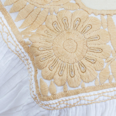 Cotton blouse, 'Beige Biosphere' - Beige Lotus Embroidery on a White Cotton Mexican Blouse