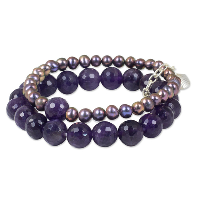 Cultured pearl and amethyst stretch bracelet, 'Iridescent Love' - Silver Heart Charm on Amethyst and Pearl Bracelet
