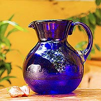 Glass pitcher, 'Cobalt Light' - Handblown Glass Recycled Classic Blue Pitcher Serveware
