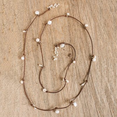 Cultured pearl wrap necklace, 'Rustic Treasure in Brown' - Handcrafted Cultured Pearl Brown Leather Wrap Necklace