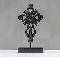 Wood sculpture, 'Royal Sign' - Hand-Carved Floral Mango Wood Cross Sculpture from Thailand