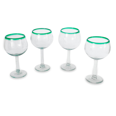 Blown glass wine glasses, 'Lime Globe' (set of 4) - Hand Blown Green Rim Wine Glasses Set of 4 Mexico
