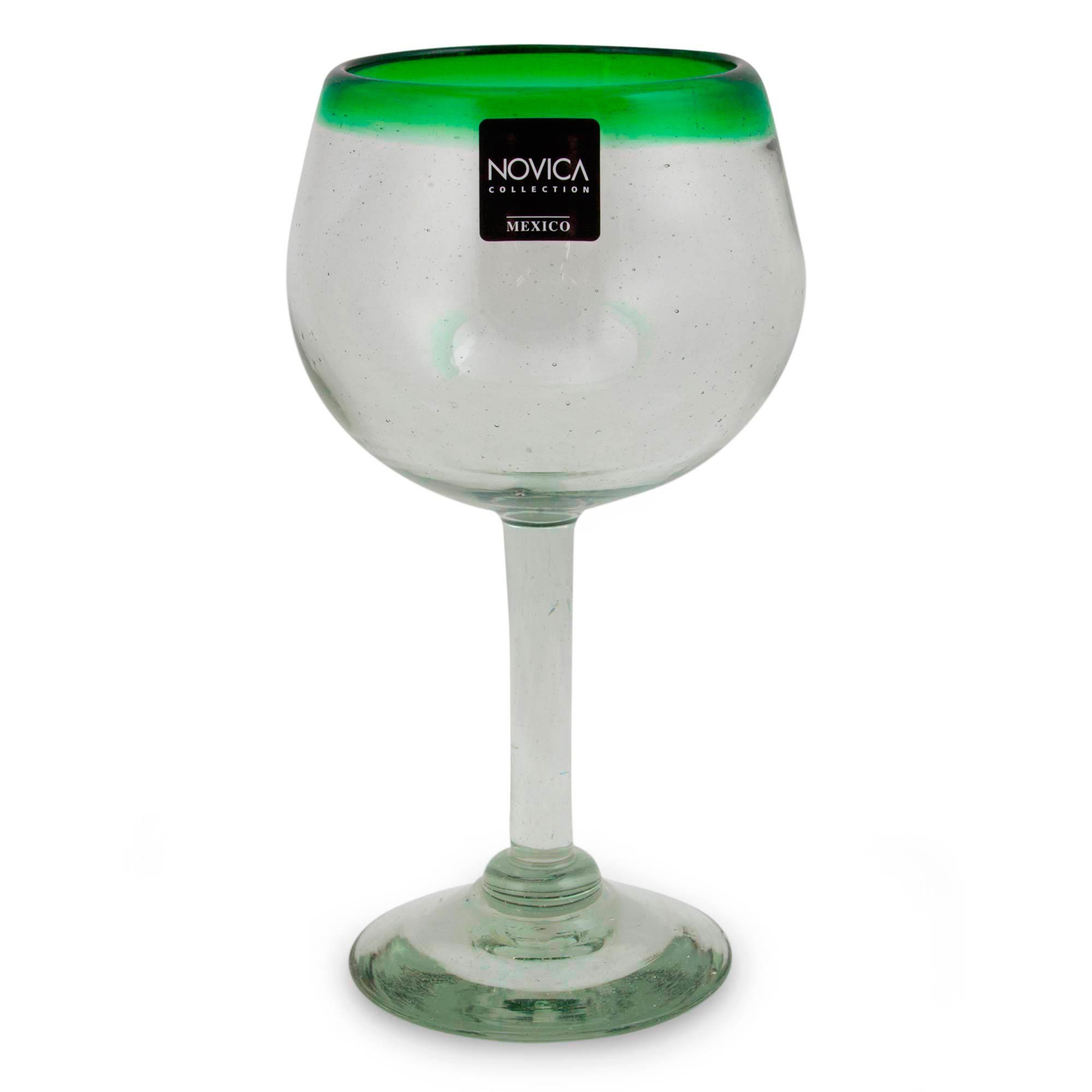 Hand Blown Green Rim Wine Glasses Set of 4 Mexico Lime Globe NOVICA
