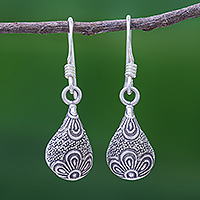 Silver dangle earrings, 'Flower Drop' - 950 Silver Handmade Floral Droplet Dangle Earrings