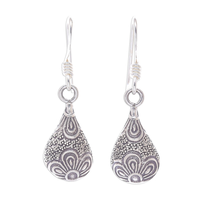 Silver dangle earrings, 'Flower Drop' - 950 Silver Handmade Floral Droplet Dangle Earrings