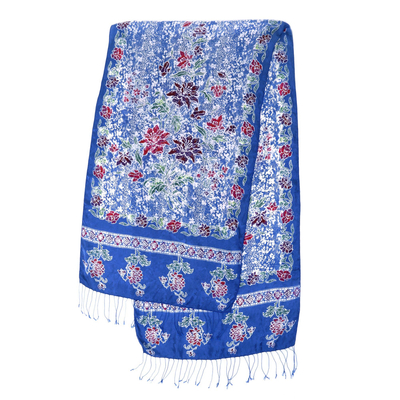 Silk batik shawl, 'Sapphire Mums' - Blue Batik Silk Shawl
