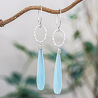 Blue chalcedony dangle earrings, 'Exhilarated' - Blue Chalcedony Dangle Earrings with Hammered Silver