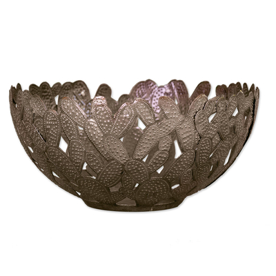 Recycled oil drum decorative basket, 'Natural Cactus' - Cactus Motif Recycled Metal Basket