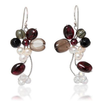 Cultured pearl and garnet cluster earrings, 'Radiant Bouquet' - Smoky Quartz and Garnet Dangle Earrings