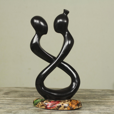Wood sculpture, 'Face to Face' - Contemporary Wood Sculpture of Couple from Ghana Artisan