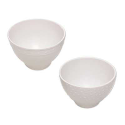 Small ceramic bowls, 'Country Dot' (pair) - Pair of Ceramic Bowls with White Glaze and Dot Motifs