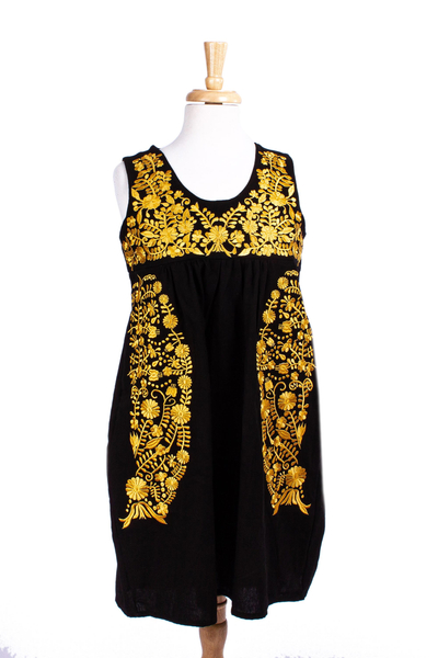 Hand Embroidered Yellow & Black Cotton Oaxaca Style Dress
