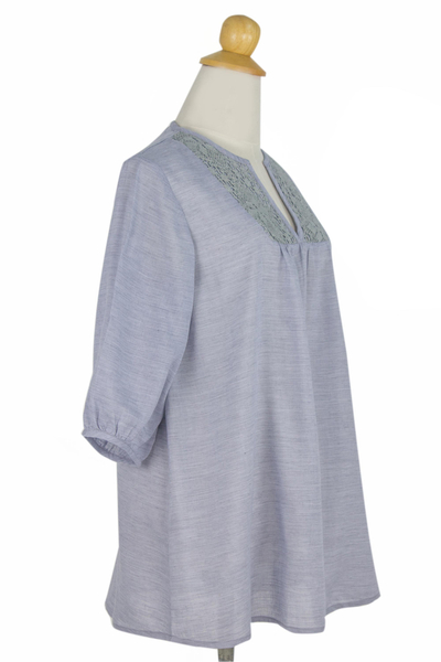Cotton tunic, 'Poinsettia Blue' - Blue Semi Sheer Cotton Tunic with Floral Lace Details