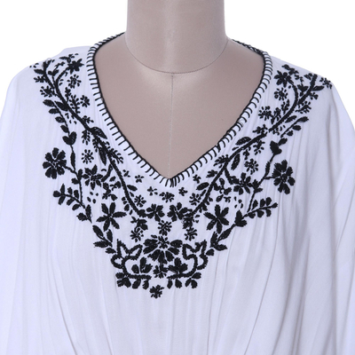 Viscose caftan, 'Midnight Trellis' - Floral Embroidered Viscose Caftan from India