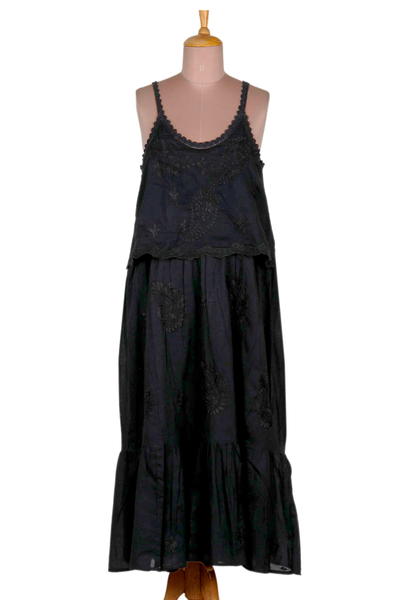 Embroidered cotton sundress, 'Summer Paisley in Black' - Hand Embroidered Cotton Sleeveless Sundress from India
