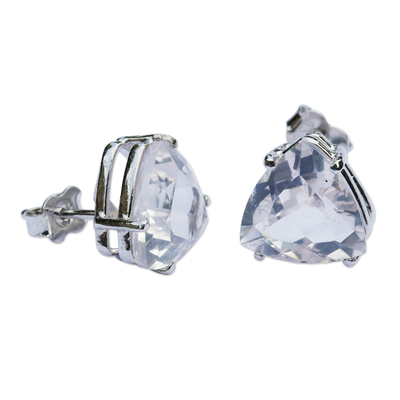 Quartz stud earrings, 'Pyramid of Light' - Brazil Crystal Quartz Rhodium Plated Silver Stud Earrings