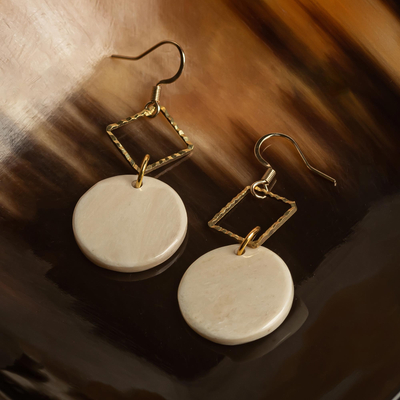 Brass dangle earrings, 'Diamond Charm' - Bone Earrings with Brass