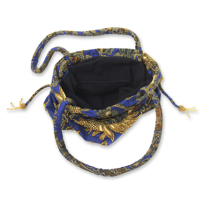 Beaded cotton batik shoulder bag, 'Javanese Bluebird' - Beaded Blue Cotton Batik Shoulder Bag