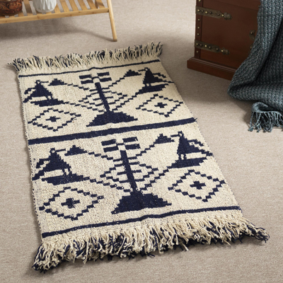 Wool area rug, 'Blue Night Songs' (2x3.5) - Geometric Bird Navy & White Wool Area Rug from Peru (2x3.5)