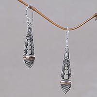 Gold accent dangle earrings, 'Balinese Sisters' - Handmade Sterling Silver and Gold Accent Dangle Earrings
