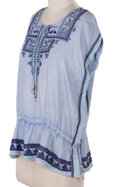 Embroidered viscose blouse, 'Jaipur Chic' - Light Blue Embroidered Viscose Blouse