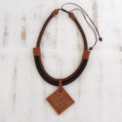 Suede accented ceramic pendant necklace, 'Square Labyrinth' - Suede Accent Square Ceramic Pendant Necklace from Brazil