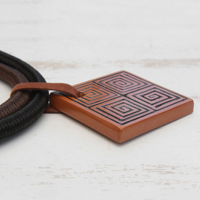 Suede accented ceramic pendant necklace, 'Square Labyrinth' - Suede Accent Square Ceramic Pendant Necklace from Brazil
