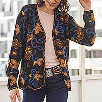 100% alpaca cardigan, 'Evensong Bloom' - 100% Alpaca Black Cardigan Sweater with Floral Motif