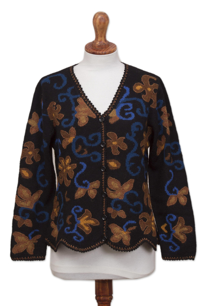 100% Alpaca Black Cardigan Sweater with Floral Motif