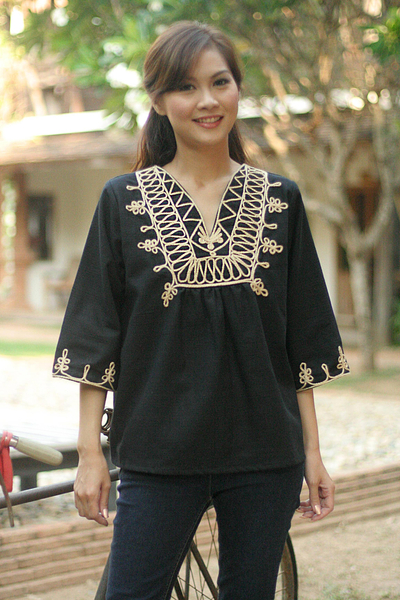 Cotton blouse, 'Night Dance' - Artisan Crafted Cotton Blouse