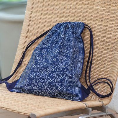 Batik cotton drawstring backpack, 'Garden Paths' - Indigo Batik Cotton Arc and Flower Motif Drawstring Backpack