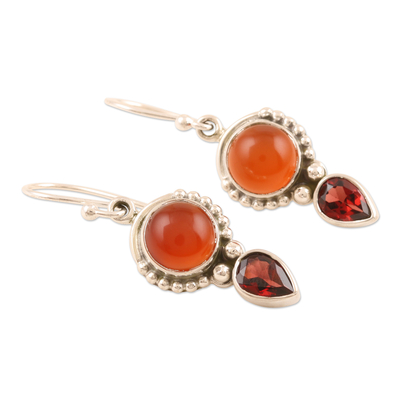 Carnelian and garnet dangle earrings, 'Indian Fire' - Sterling Silver Carnelian and Garnet Dangle Earrings India