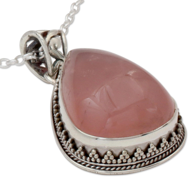 Rose quartz pendant necklace, 'Love Drop' - Rose Quartz and Sterling Silver Necklace Indian Jewelry