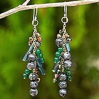 Labradorite waterfall earrings, 'Brilliant Cascade' - Waterfall Style Earrings with Labradorite and Quartz Beads