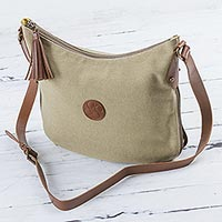 Leather accent cotton shoulder bag, 'Parchment Satisfaction' - Leather Accent Cotton Shoulder Bag in Parchment from Peru