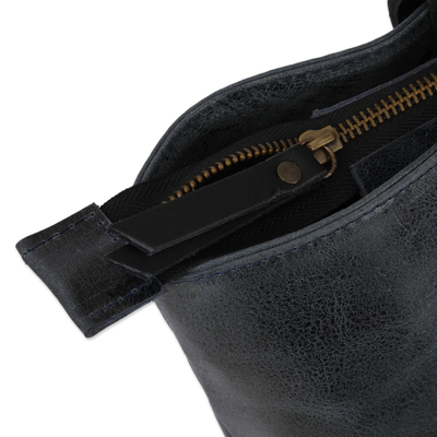 Leather shoulder bag, 'Navy Blue Elegance' - Handcrafted Navy Blue Leather Shoulder Bag from Mexico