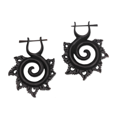Horn drop earrings, 'Dark Chakra' - Hand-Carved Spiral Horn Drop Earrings from Bali