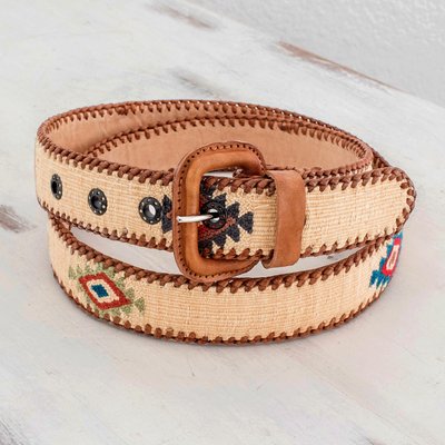 Leather and cotton belt, 'Antigua Market' - Patterned Buff Cotton and Leather Belt