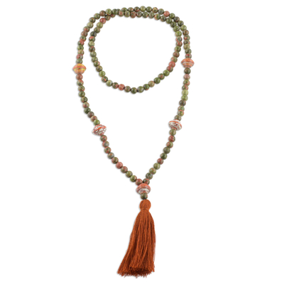 Unakite and recycled paper beaded pendant necklace, 'United in Belief' - Guatemalan Unakite and Recycled Paper Beaded Necklace