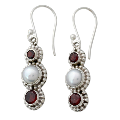 Cultured pearl and garnet dangle earrings, 'Petite Floral Trio' - Handcrafted Indian Garnet and Cultured Pearl Earrings