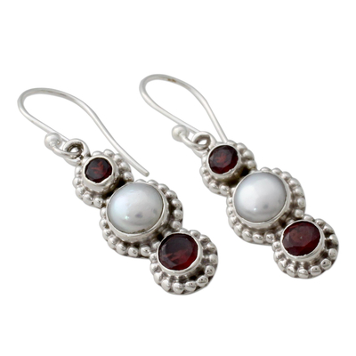 Cultured pearl and garnet dangle earrings, 'Petite Floral Trio' - Handcrafted Indian Garnet and Cultured Pearl Earrings