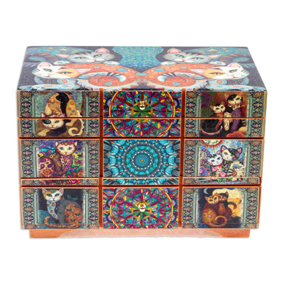 Decoupage jewelry box, 'Protective Cats' - Decoupage Cats Jewelry Box from Mexico